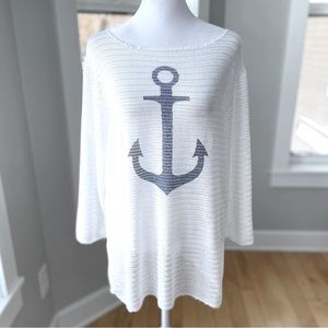 Artisans White Navy Anchor Print Boat Neck Long Sleeve Tunic Swim Cover Up Sz L